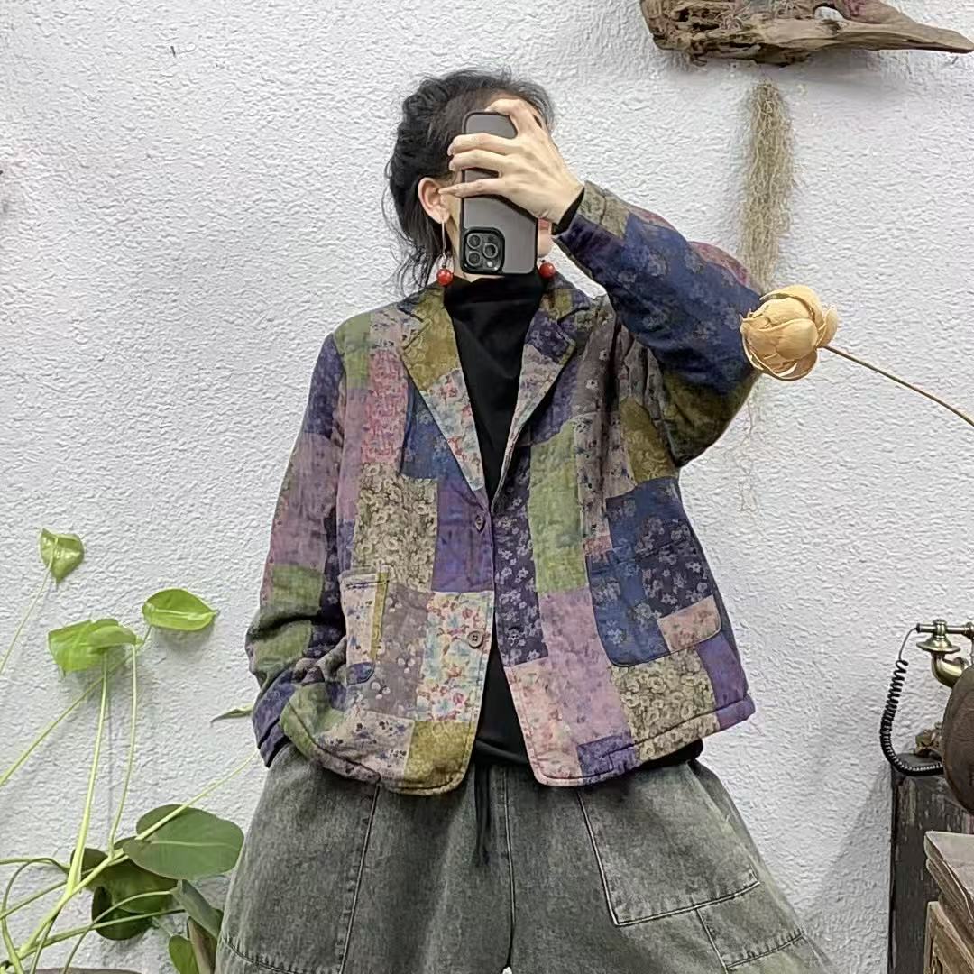 2538蓝紫夹棉翻领两粒扣立体口袋开扣棉袄外套（长58胸围126