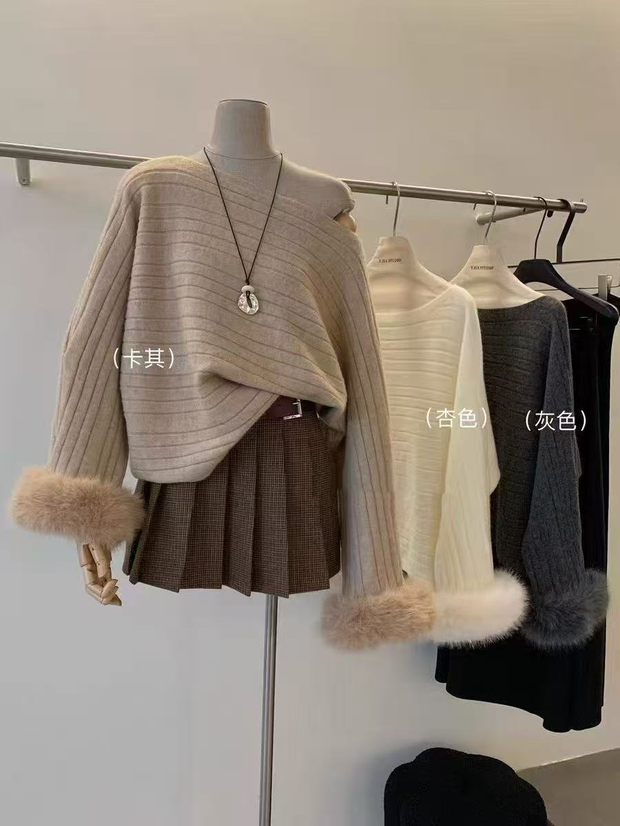 【苏黎旧事】秋冬露肩纯欲风拼接毛毛袖宽松毛衣x