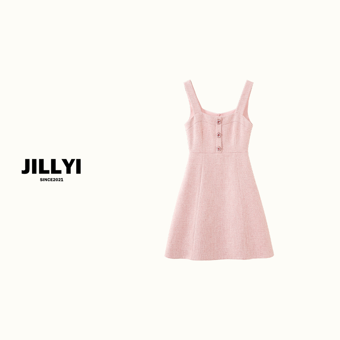 JILLYI珠海店【粉晶沙滩】粉色U型领钻石小花三粒扣纯色韩版时尚连