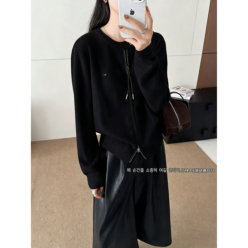 【黑色】3904开衫外套超柔软高品质圆领上衣