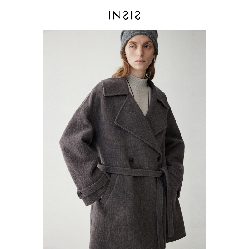 INSISFEMME 100%澳洲美丽诺羊毛收腰九分袖翻领短款大衣外套女