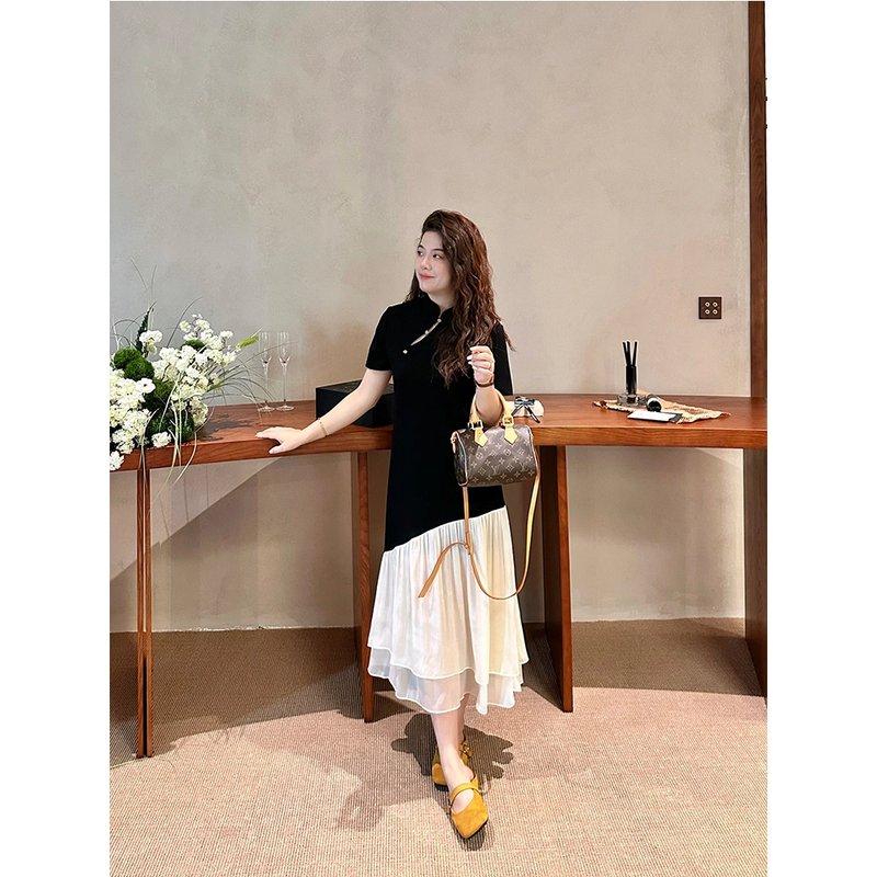 WenWen小个子新中式立领撞色拼接连衣裙瘦假两件雪纺裙子4022