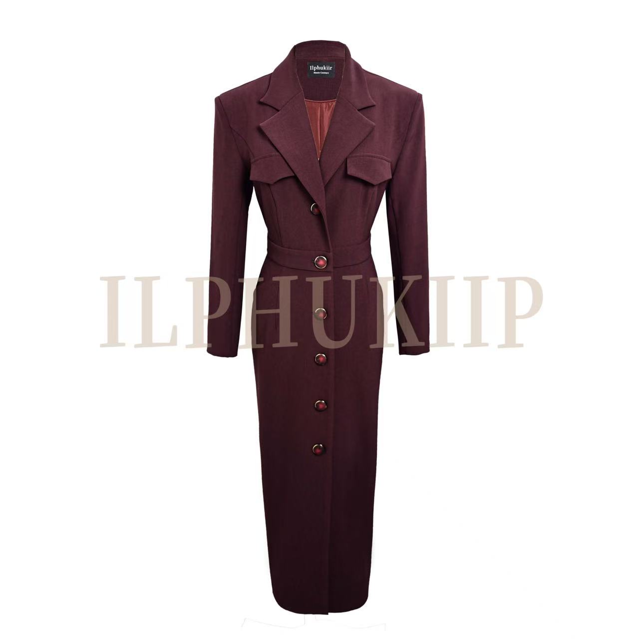 ILPHUKIIR 【晚霞】春秋高定垫肩枪驳领单排扣收腰长款显瘦连衣裙