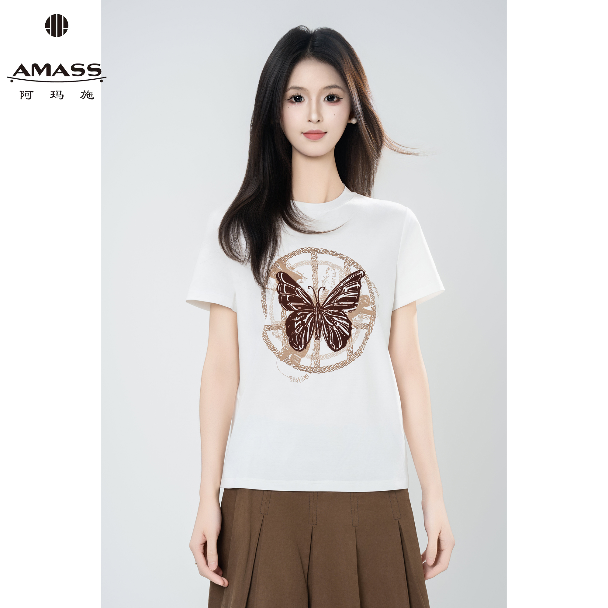 AMASS/阿玛施春夏新款时尚涂鸦印花圆领短袖T恤女休闲百搭 530082