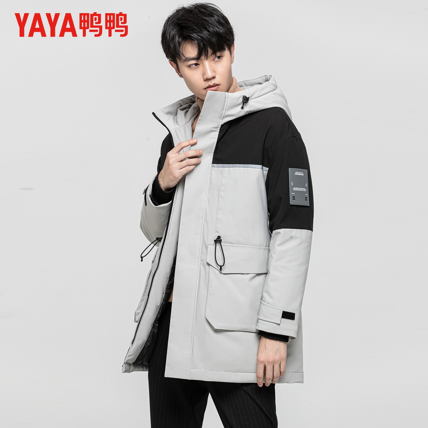 鸭鸭羽绒服男款冬季中长款工装加厚时尚休闲拼接撞色极寒保暖外套