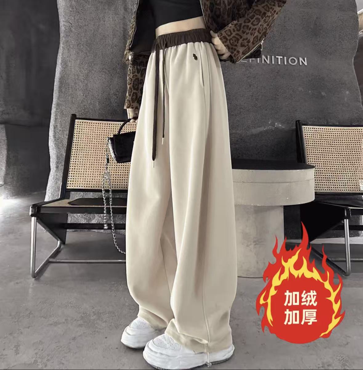 2025韩版网红秋冬加绒爆款弯刀裤休闲卫裤保暖长阔腿裤 