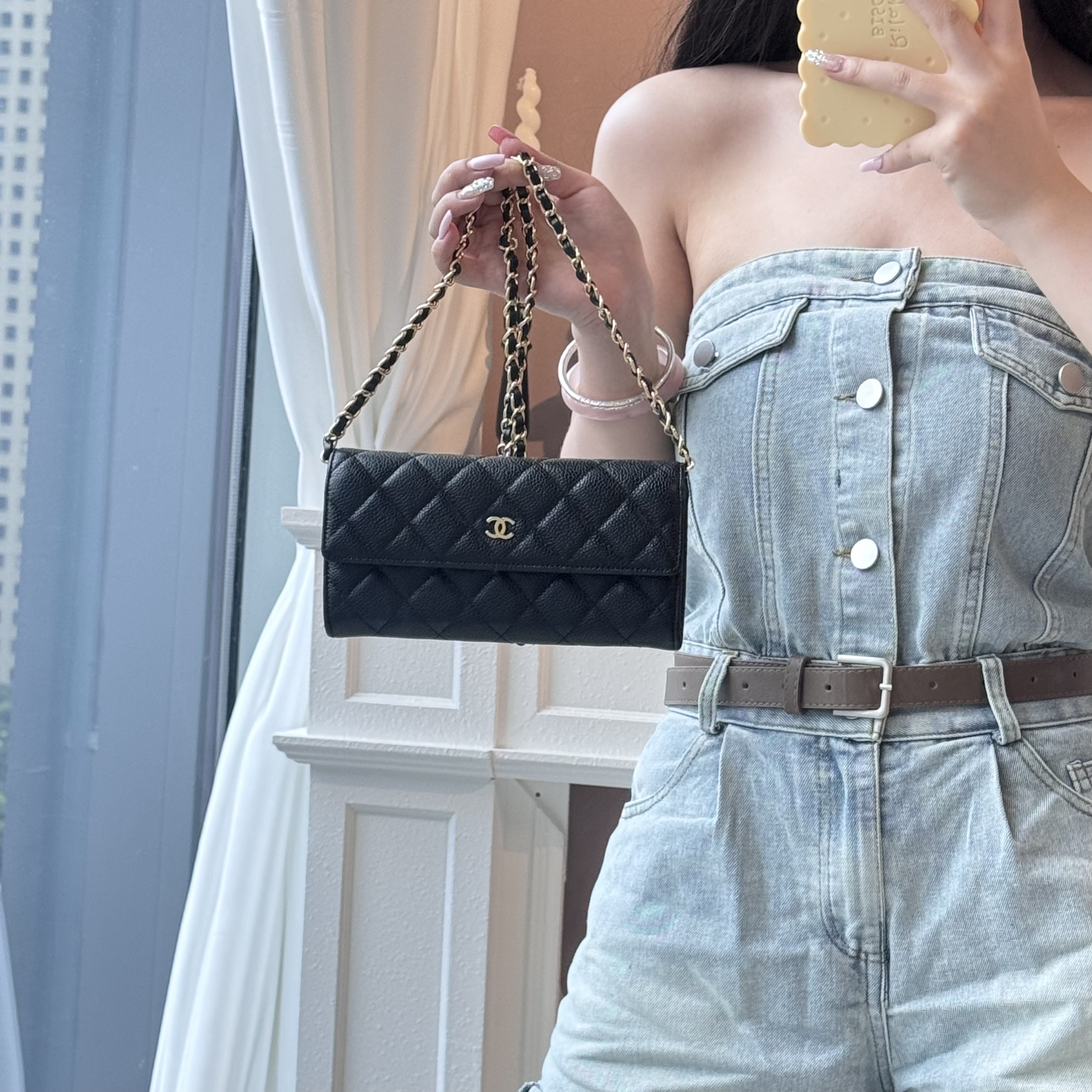 95新 Chanel/香奈儿  chanel黑金菱格纹长款钱包