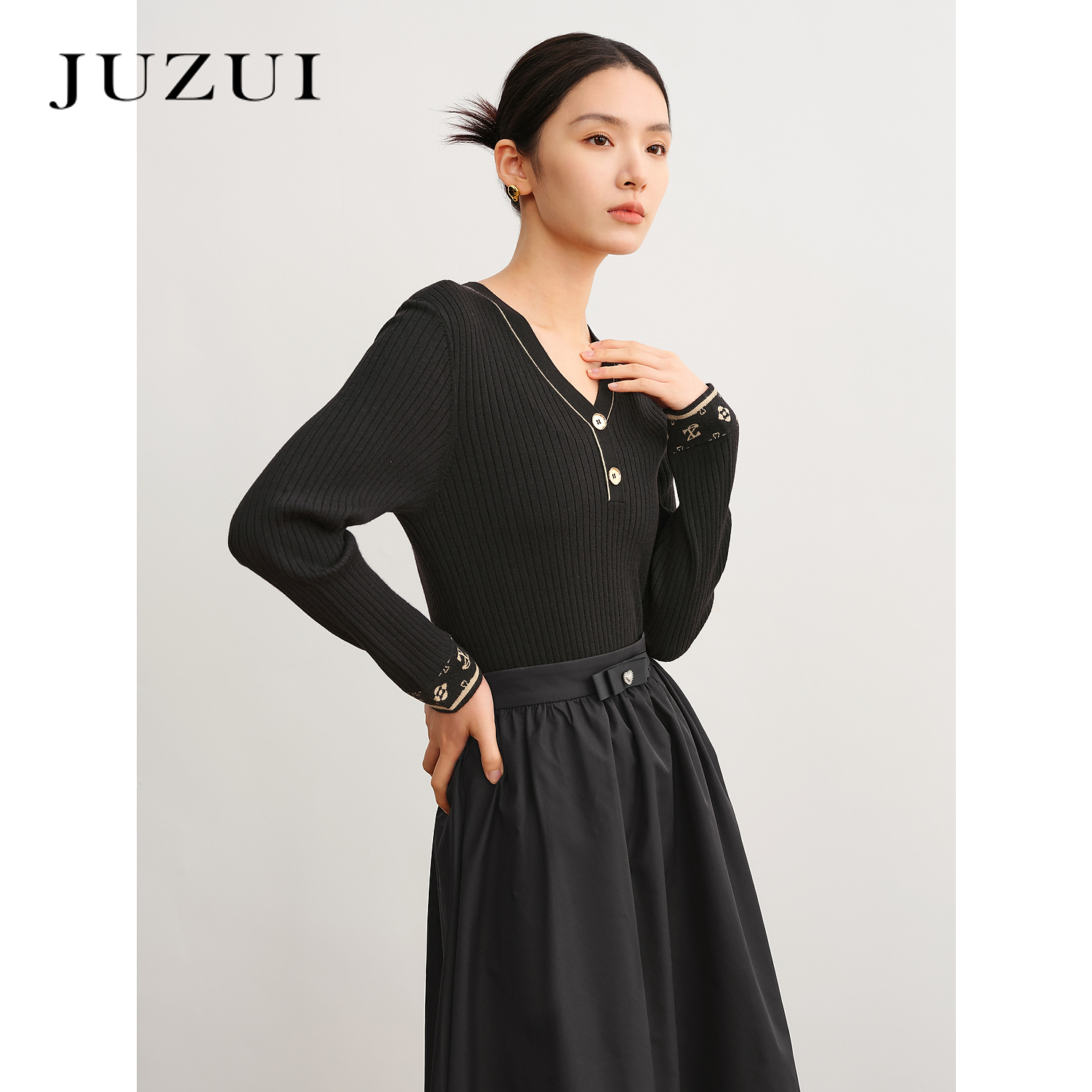 商场同款JZ玖姿气质V领针织绵羊毛针织衫女2024秋季新款JWDQ31023