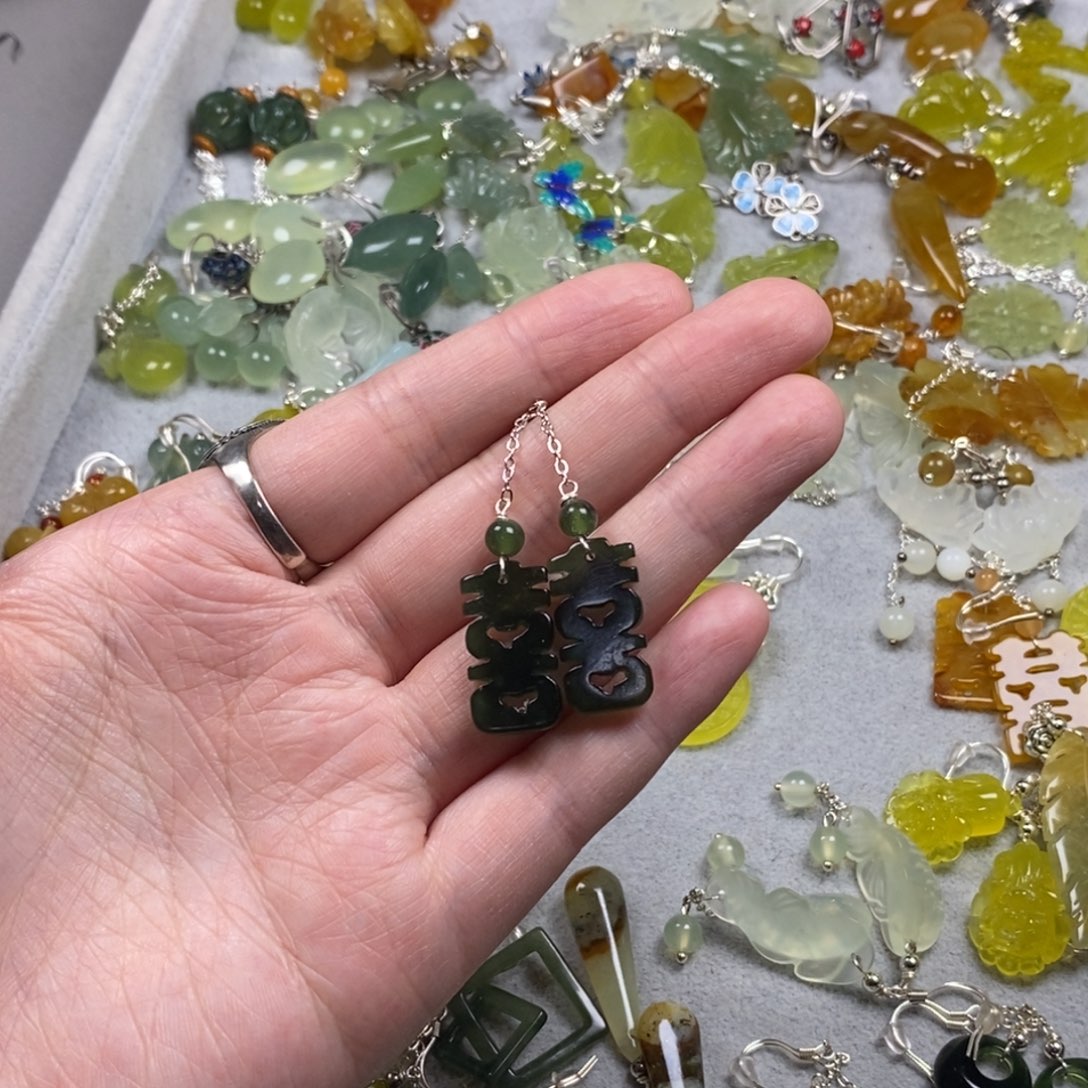 蛇纹石玉银S925镶嵌挂件耳饰