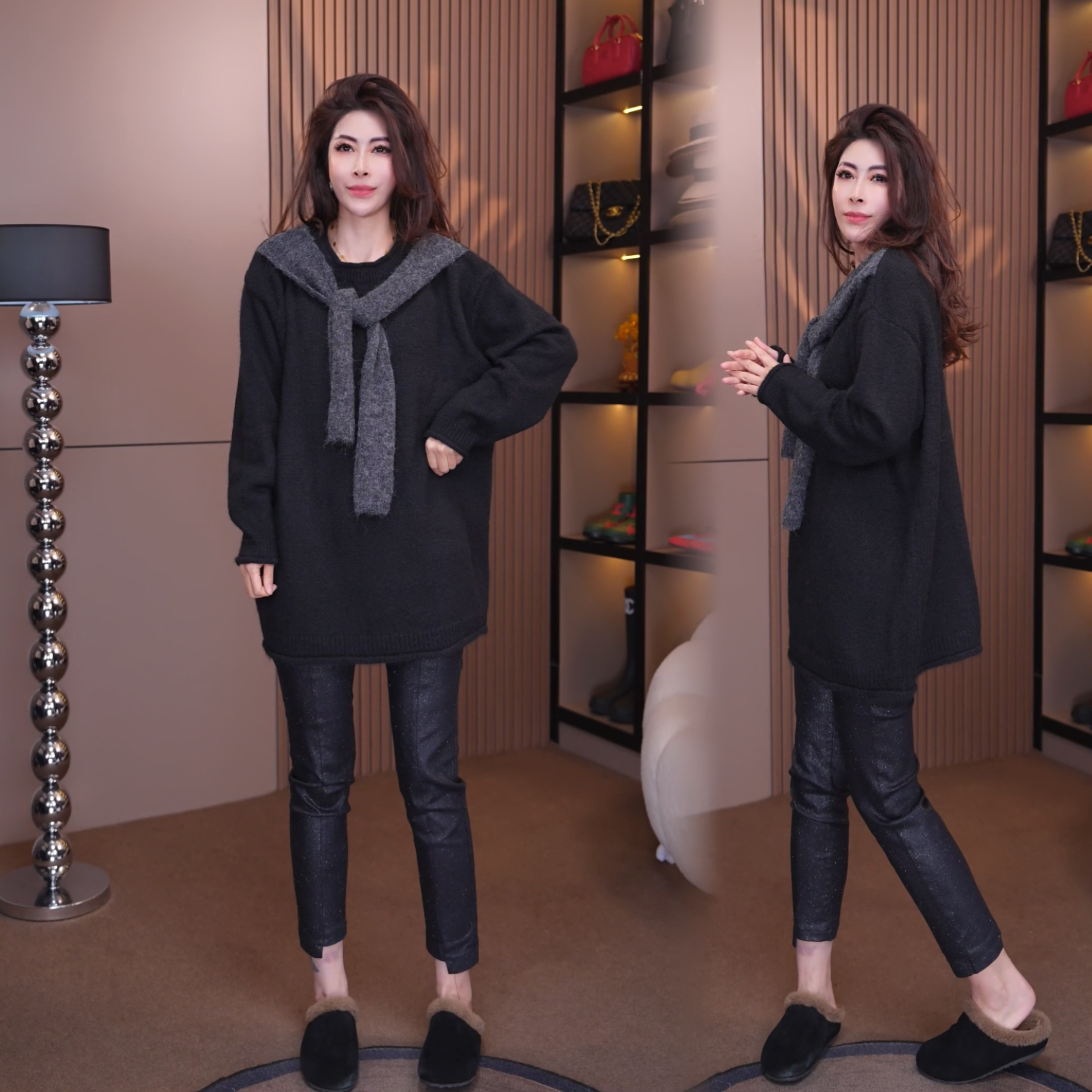 9262#《榜衣》冬季韩版新款假两件披肩拼接圆领毛衣时尚拼色设计感