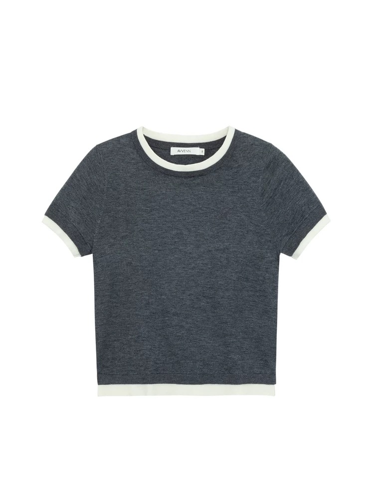 【景致】AVVENN夏季拼接撞色软糯轻薄针织绣花短袖AM30601663（61）