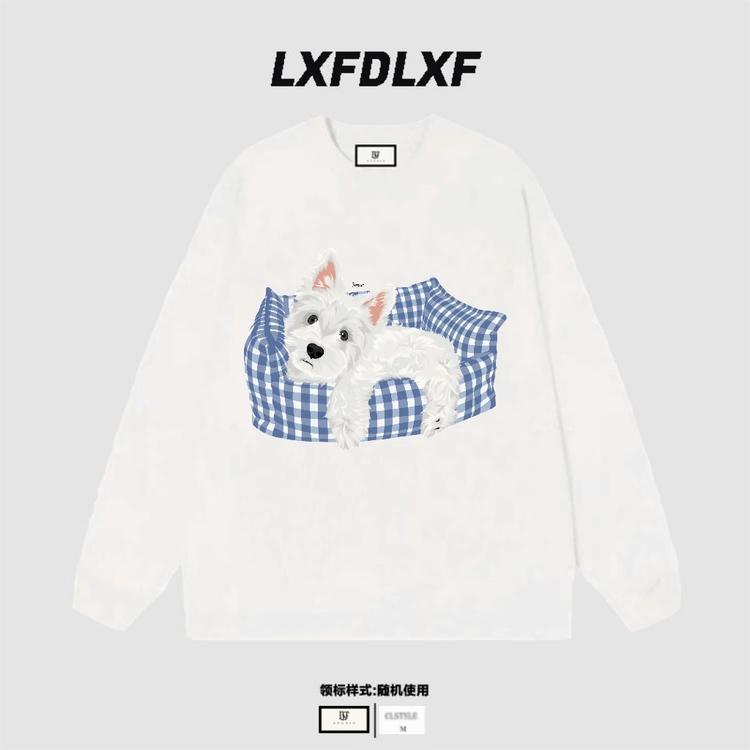 断码清【长袖-蓝格小狗】门店货LXFDLXF原版直喷 宽松版型长袖T恤