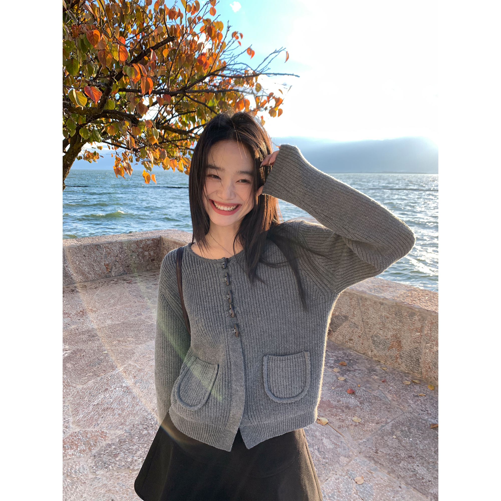 pusumede牛角扣针织开衫宽松显瘦气质毛衣设计感小众PSMW23207-D