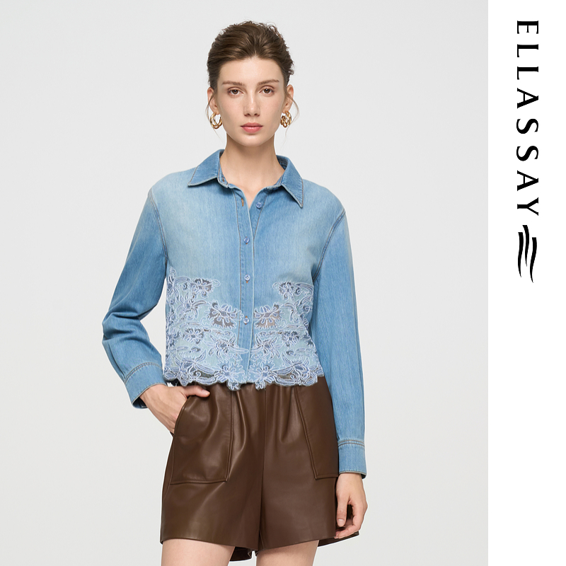ELLASSAY歌力思2025新款复古休闲丹宁长袖衬衫女EWU363N00300