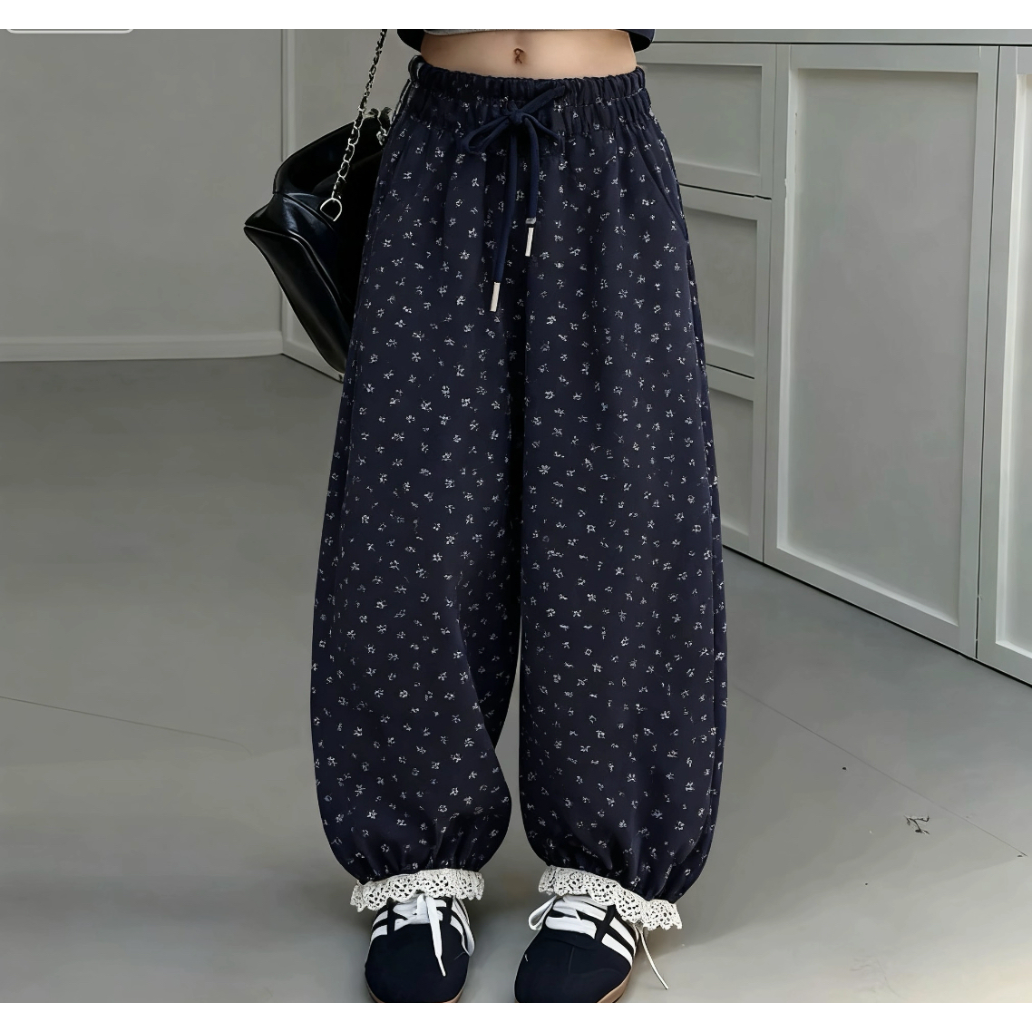 男女童秋冬季加绒加厚小碎花松腰中大童休闲束脚高级感韩版长裤