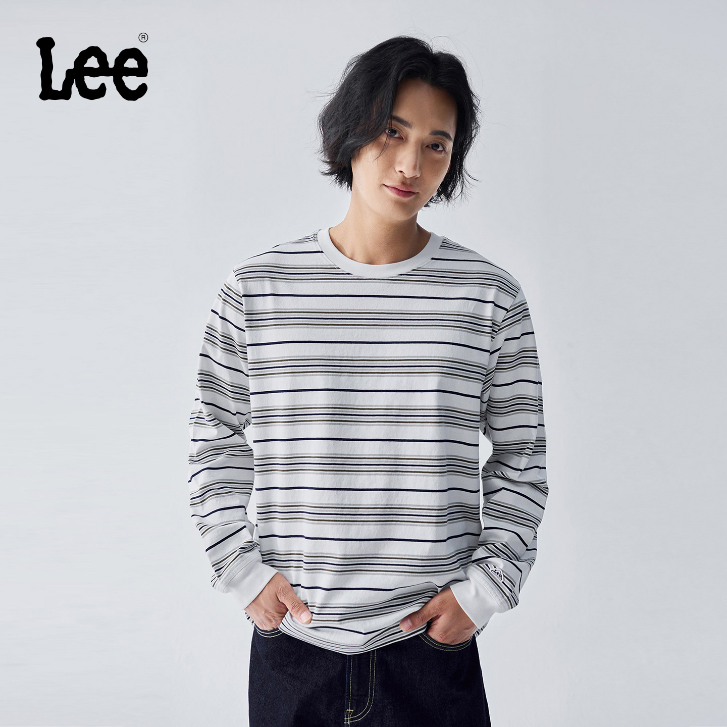 【张凌赫同款】Lee25商场同款早秋舒适版圆领条纹男长袖T恤