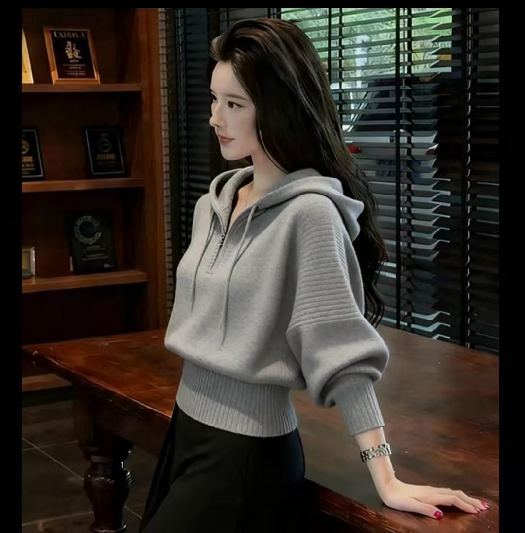 2025新款时尚厚款纯色针织连帽毛针织衫休闲慵懒风上衣针织衫短款