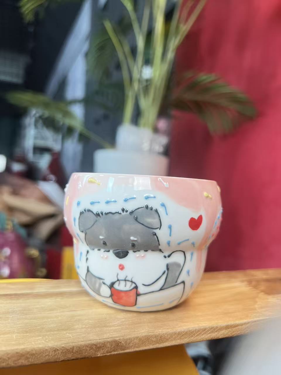 DIY景德镇创意手绘陶瓷卡通粉色雪纳瑞葫芦杯