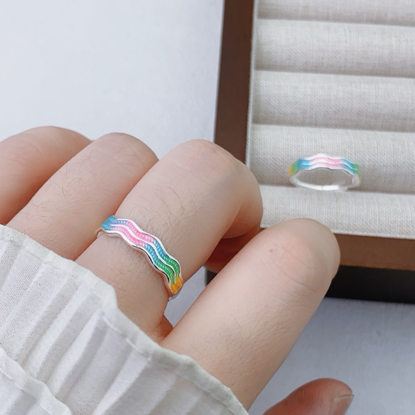 足银戒指 足银999.9珐琅七彩戒指活口设计感百搭纯银女戒