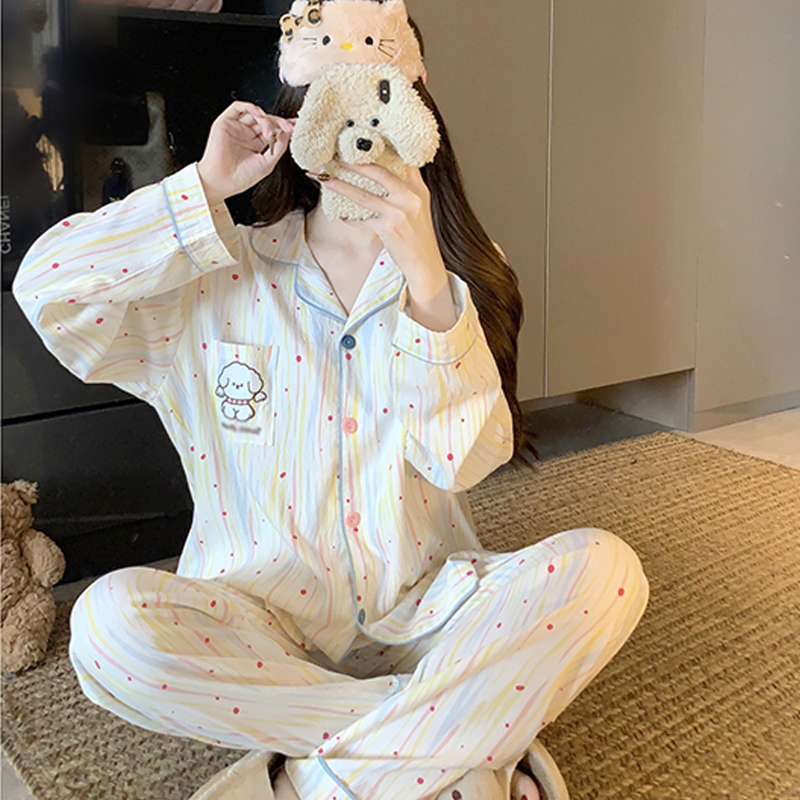 卡通ins秋冬季新款云朵绵纱睡衣可外穿女款长袖两件套简约家居服