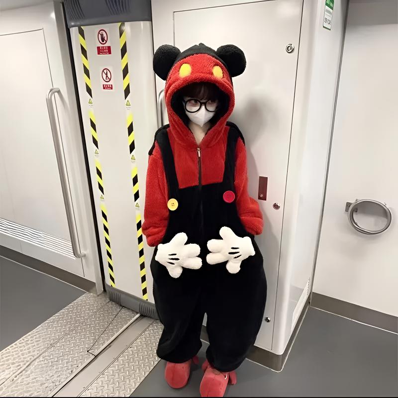 卡通米奇连帽珊瑚绒睡衣情侣连体加绒加厚长款家居服睡衣冬款女