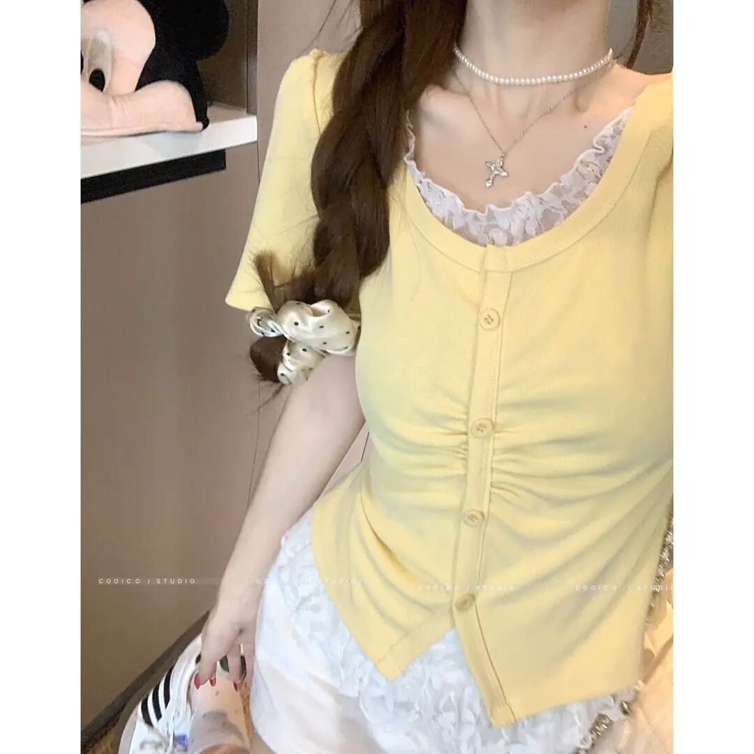 时尚显瘦夏季大码欧若风韩系穿搭蕾丝假两件短袖打底衫T恤上衣女