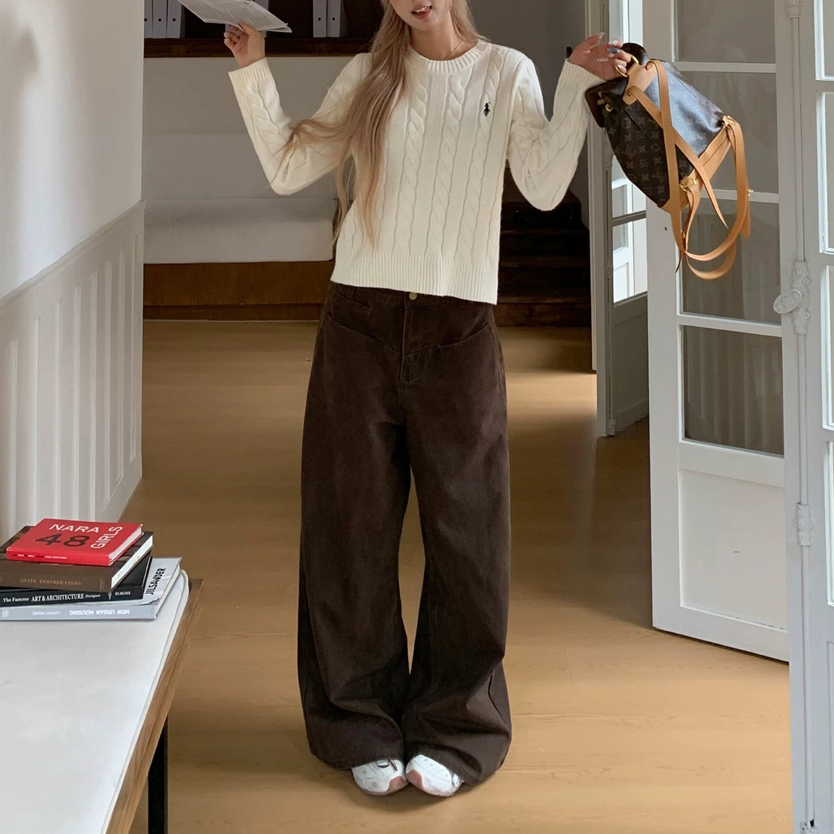 咖色牛仔裤女秋季设计感口袋百搭阔腿裤子