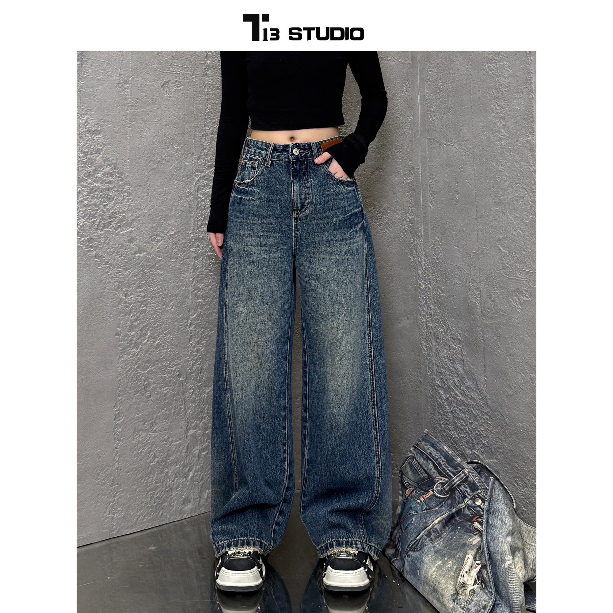 T13妮妮【XR1859】新款高腰阔腿A字版型牛仔裤女款