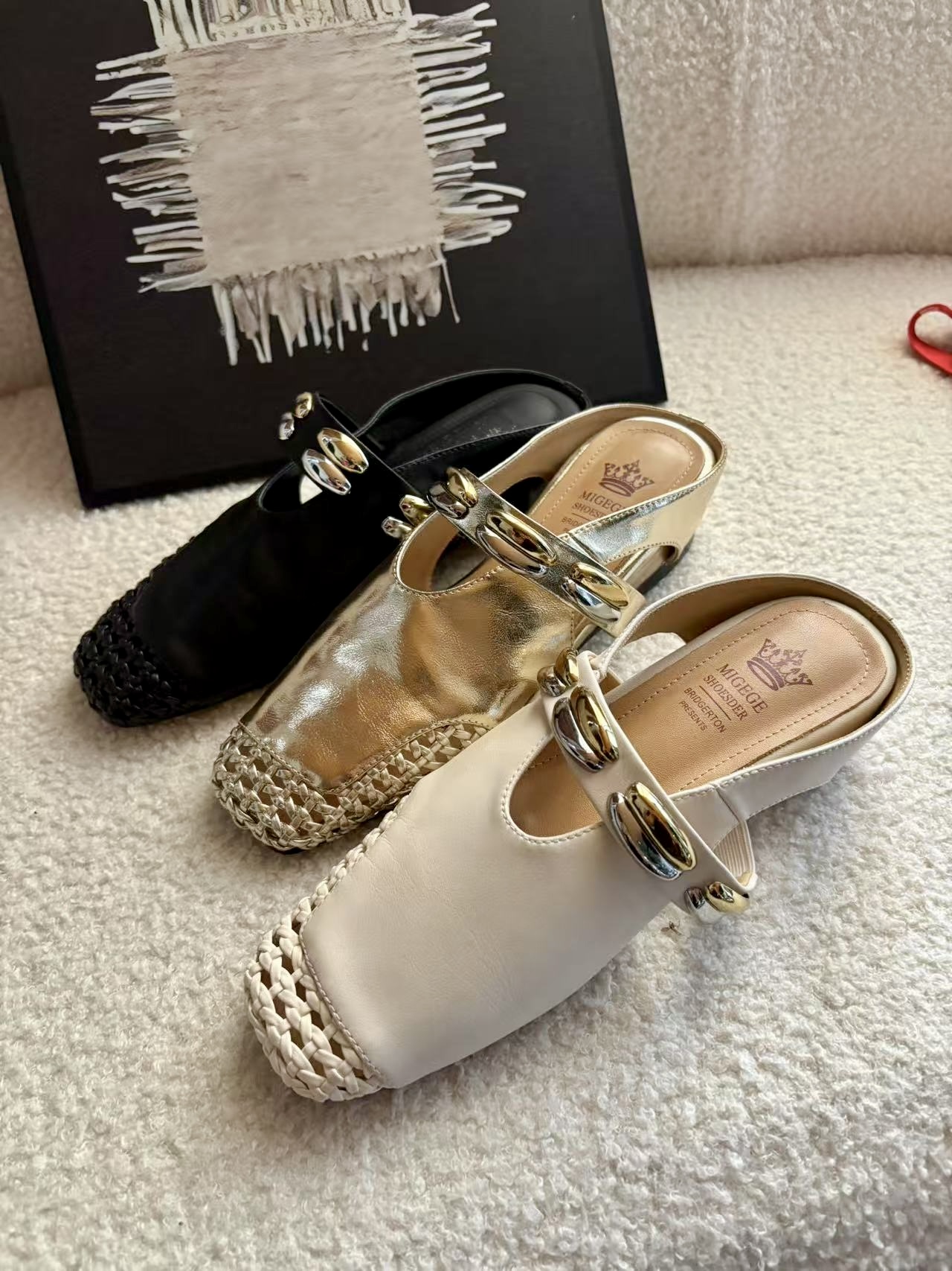 清仓真皮 现货 4.5cm设计感镂空金属扣一脚蹬方包头凉拖鞋女2025