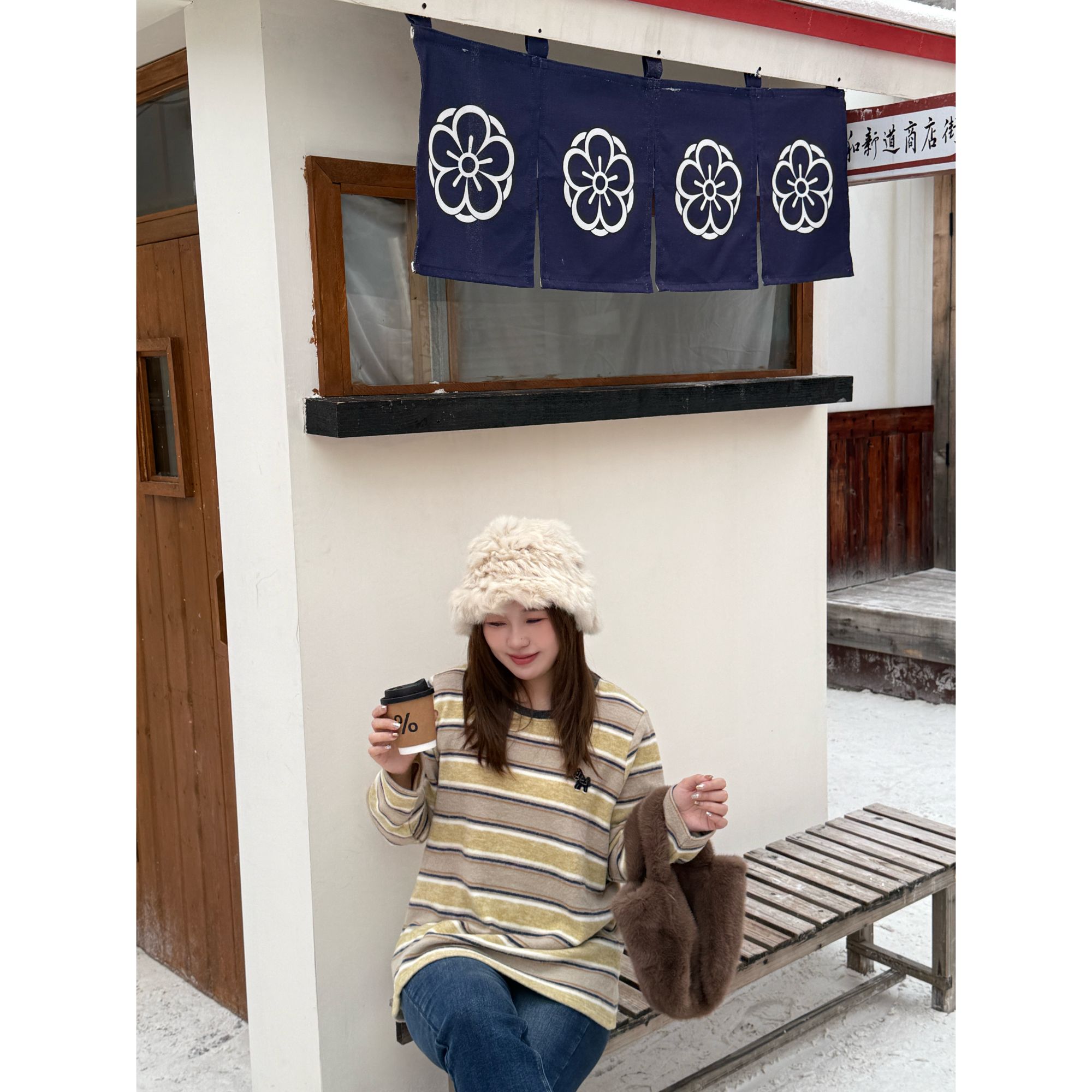 青青·STUDIO〖条纹厚T〗冬款高货韩系条纹绒绒加厚内搭T恤QQ25196