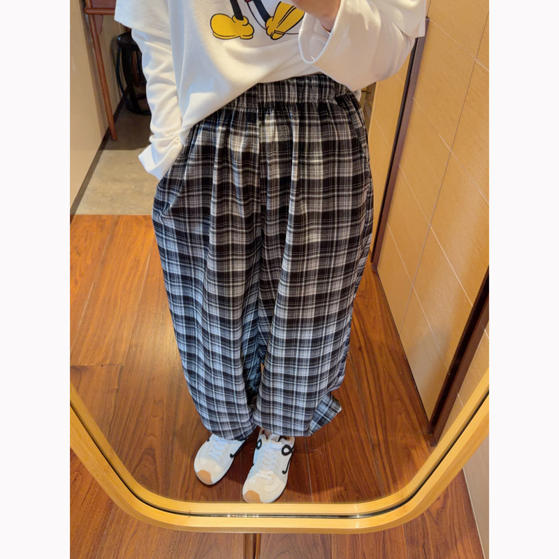【张静芝】韩国新品~洋气黑白格纹裤腿抽绳设计松紧腰百搭休闲裤