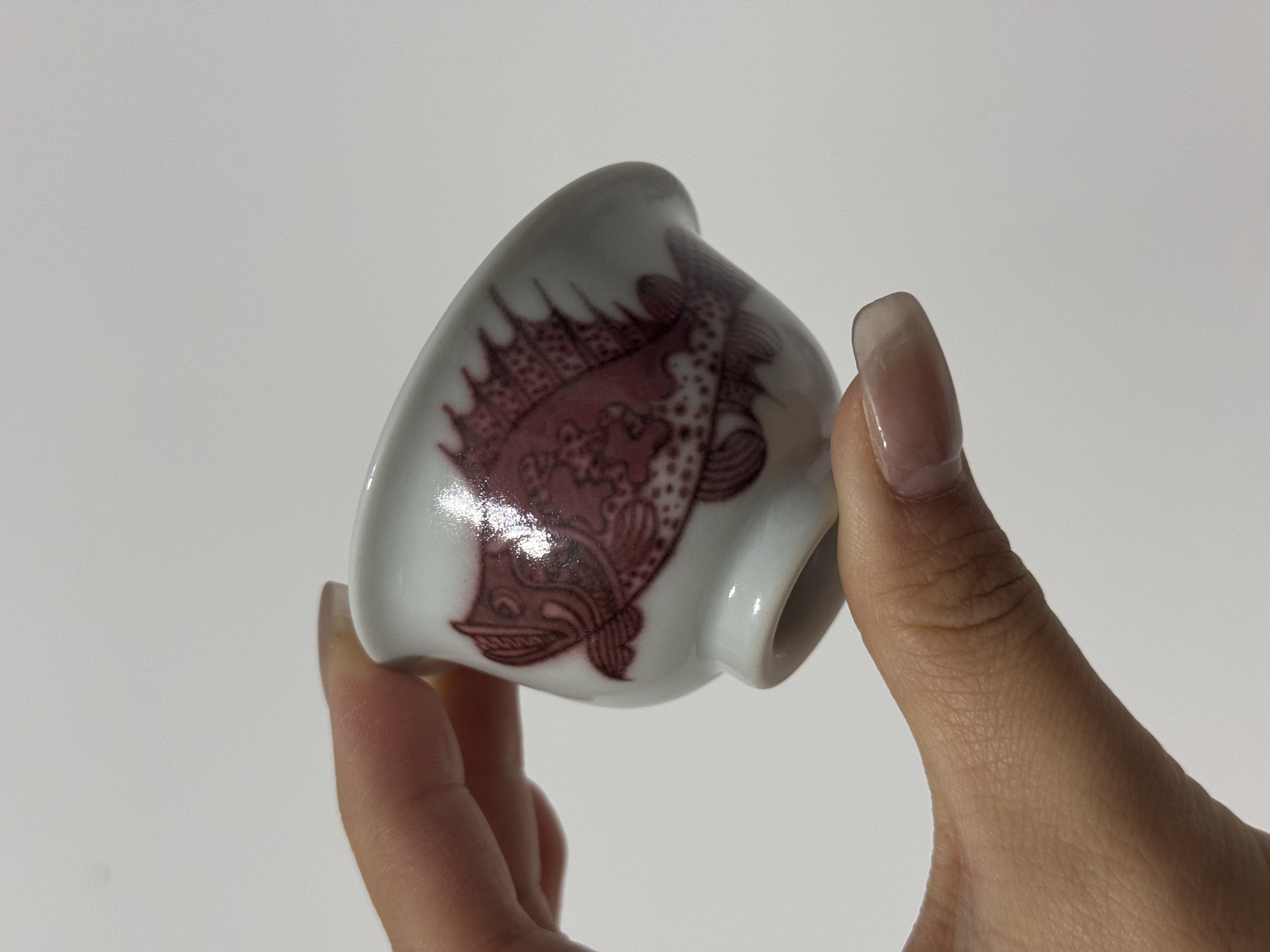 A480【蜕观堂】景德镇手工手绘青花釉里红双鱼岩茶杯，容量30ml