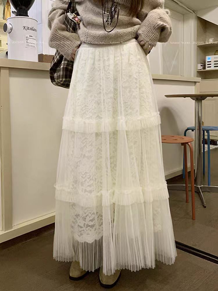 （6-8运费补贴）法式温柔风白色蕾丝纱裙 垂坠感多层网纱裙