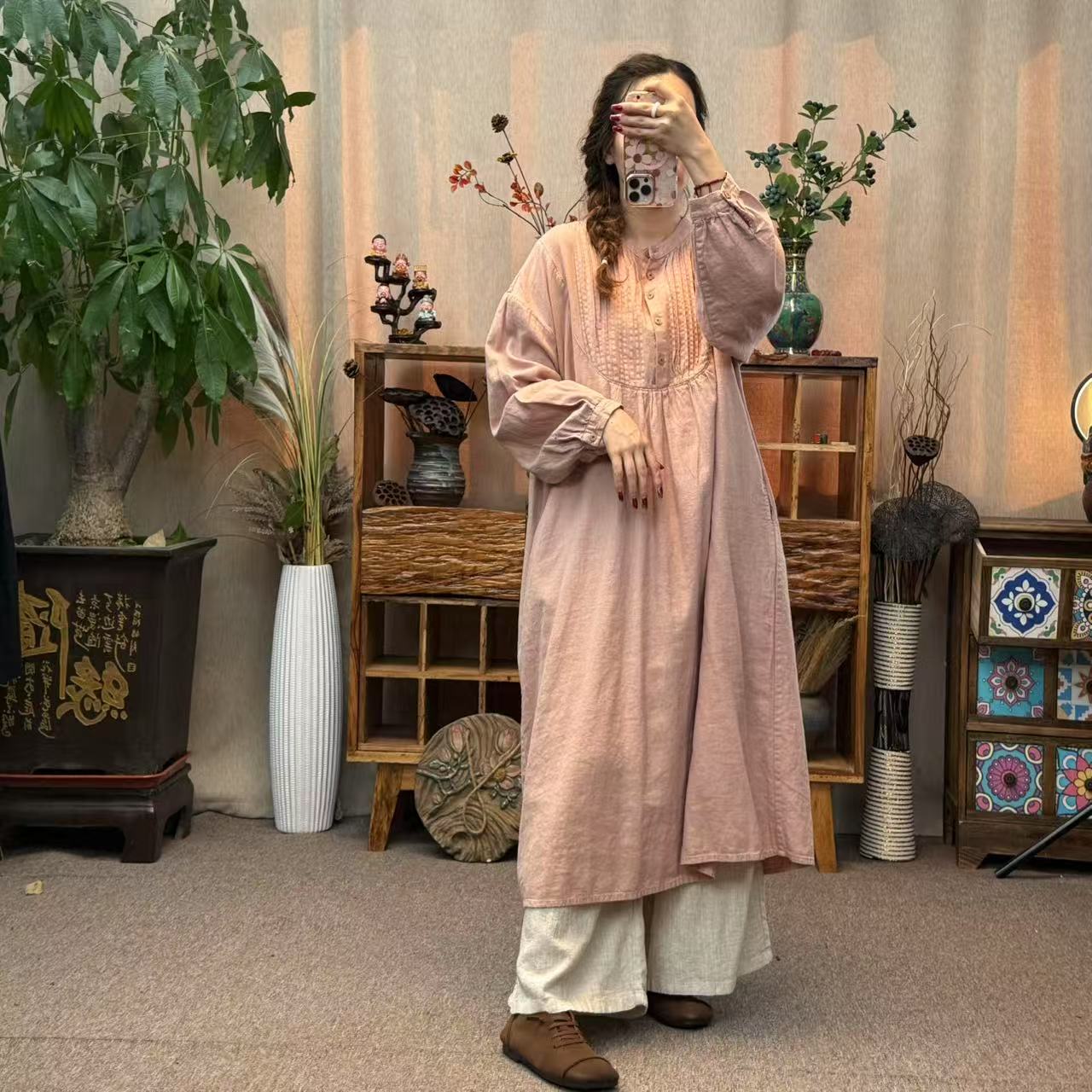 花璟与麻原创设计炒色做旧风琴捏褶4粒扣袍裙（衣长113胸围130）