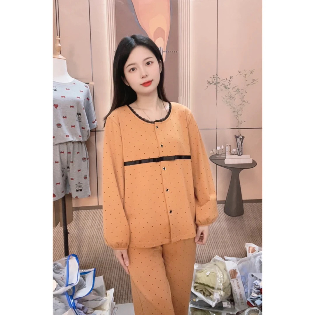228051蜜茶色波点长袖长裤休闲睡衣女士家居服套装（千金风）