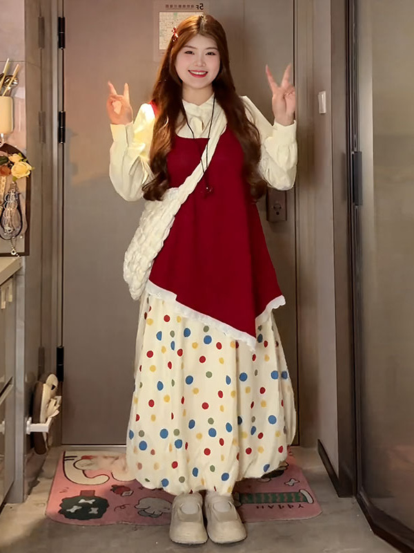 大码胖MM法式不规则马甲衬衫波点半身裙三件套女早秋穿搭一整套装