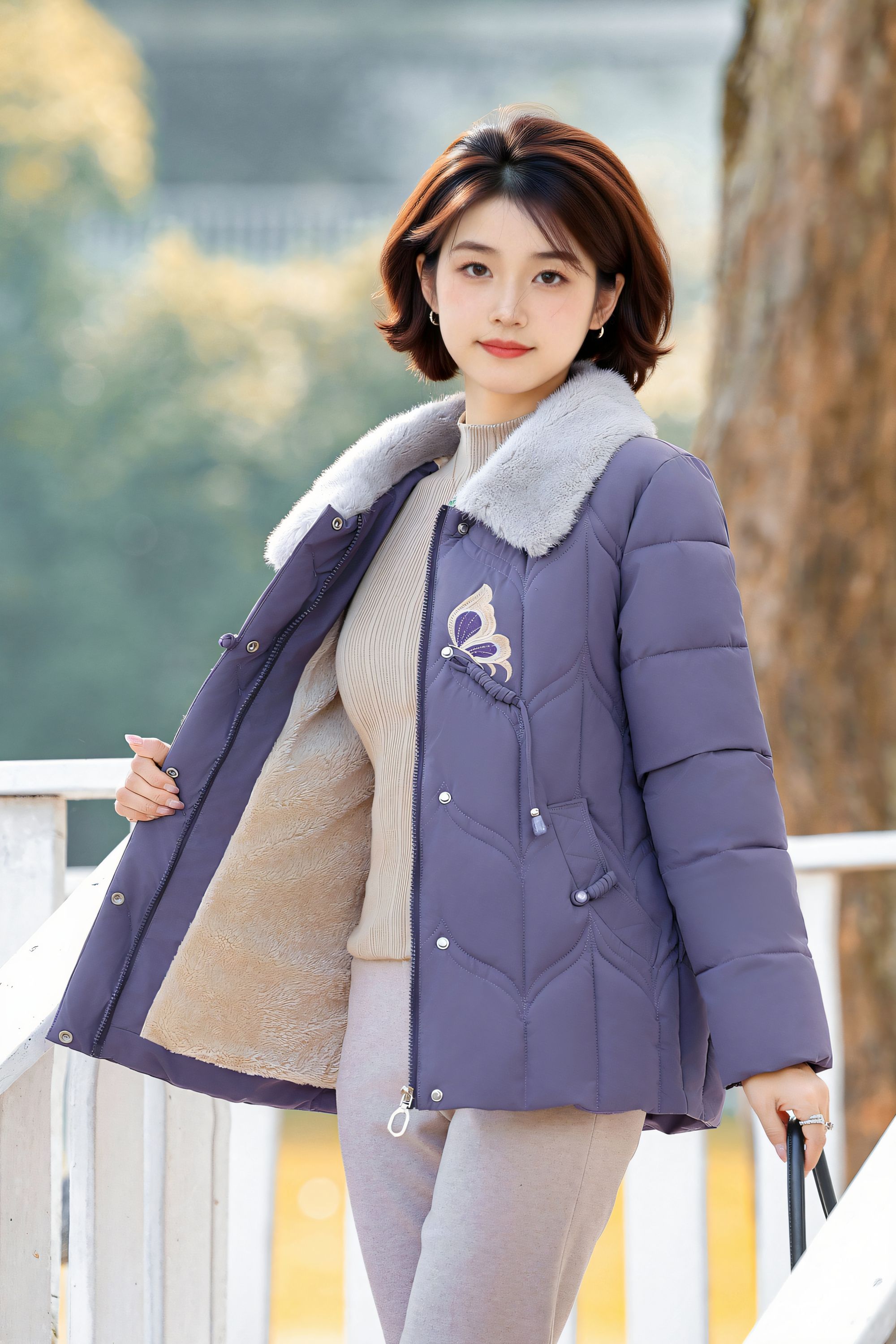 新款新中式国风蝴蝶刺绣加绒加厚毛领防寒服棉衣加绒