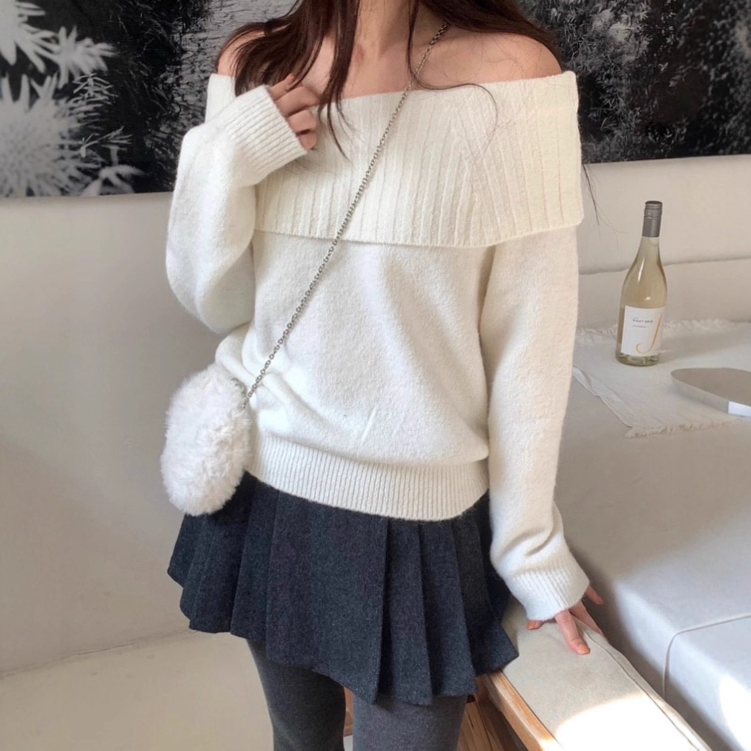 尺码更新韩式chic气质早春秋一字领露肩长袖毛衣女气质针织衫女装