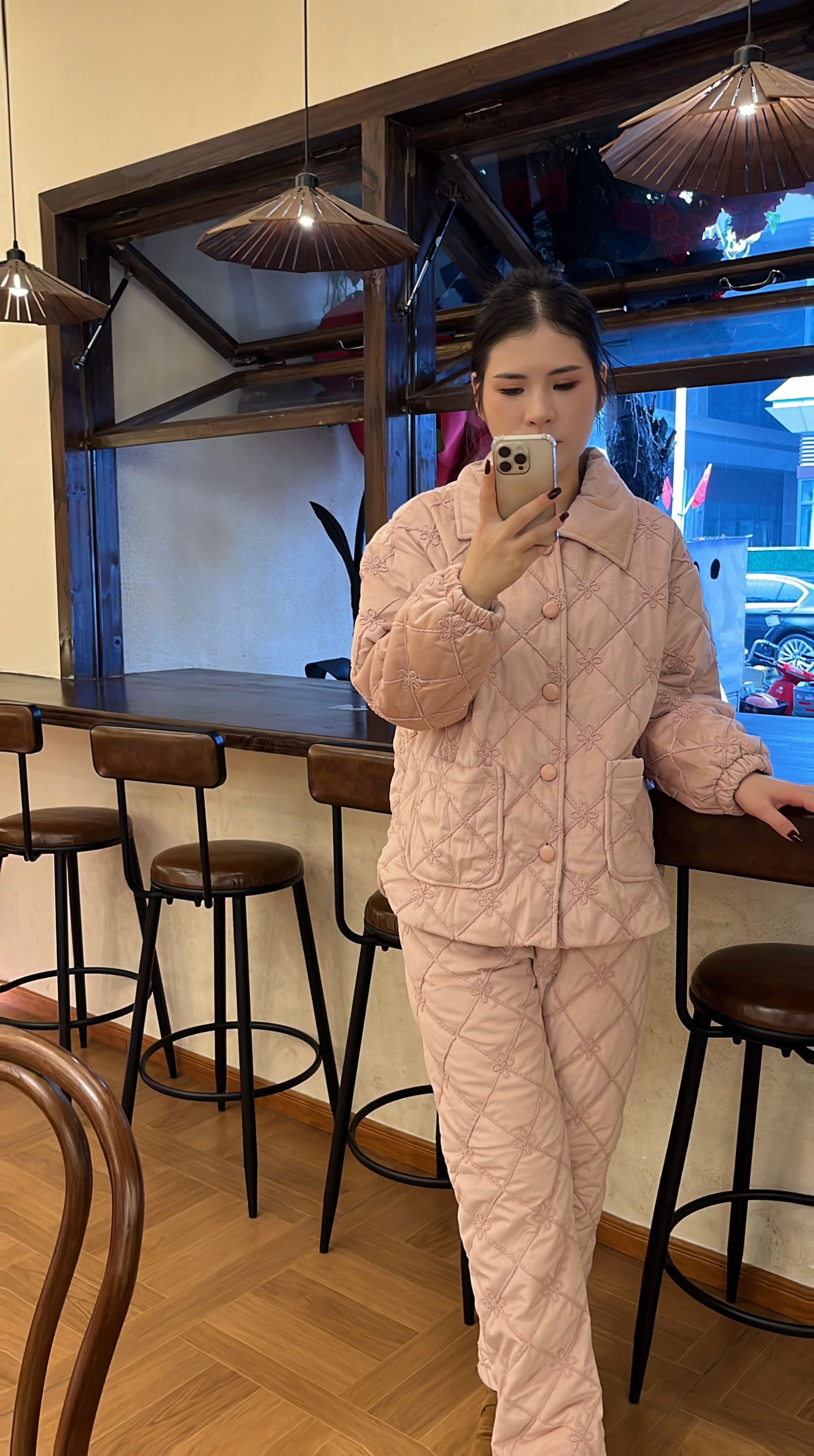 SL 三色菱格花夹棉加绒外穿家居服套装015