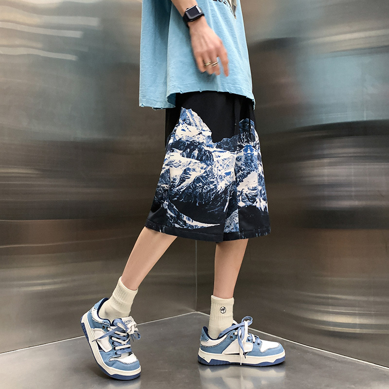 新中式雪山短裤男夏季潮流沙滩裤运动ins国潮宽松休闲外穿五分裤