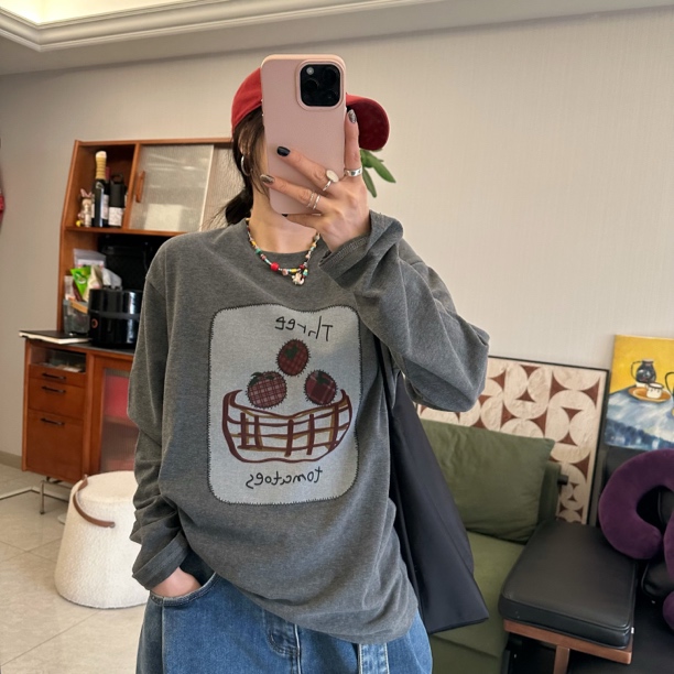 qiqi/琦琦推荐 韩版秋冬新款宽松百搭卡通印花纯棉圆领长袖T恤