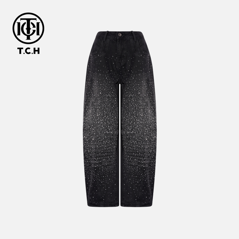 TCH【刘端端同款】冬款百搭时尚烫钻女装弯刀牛仔裤T75D20E1138