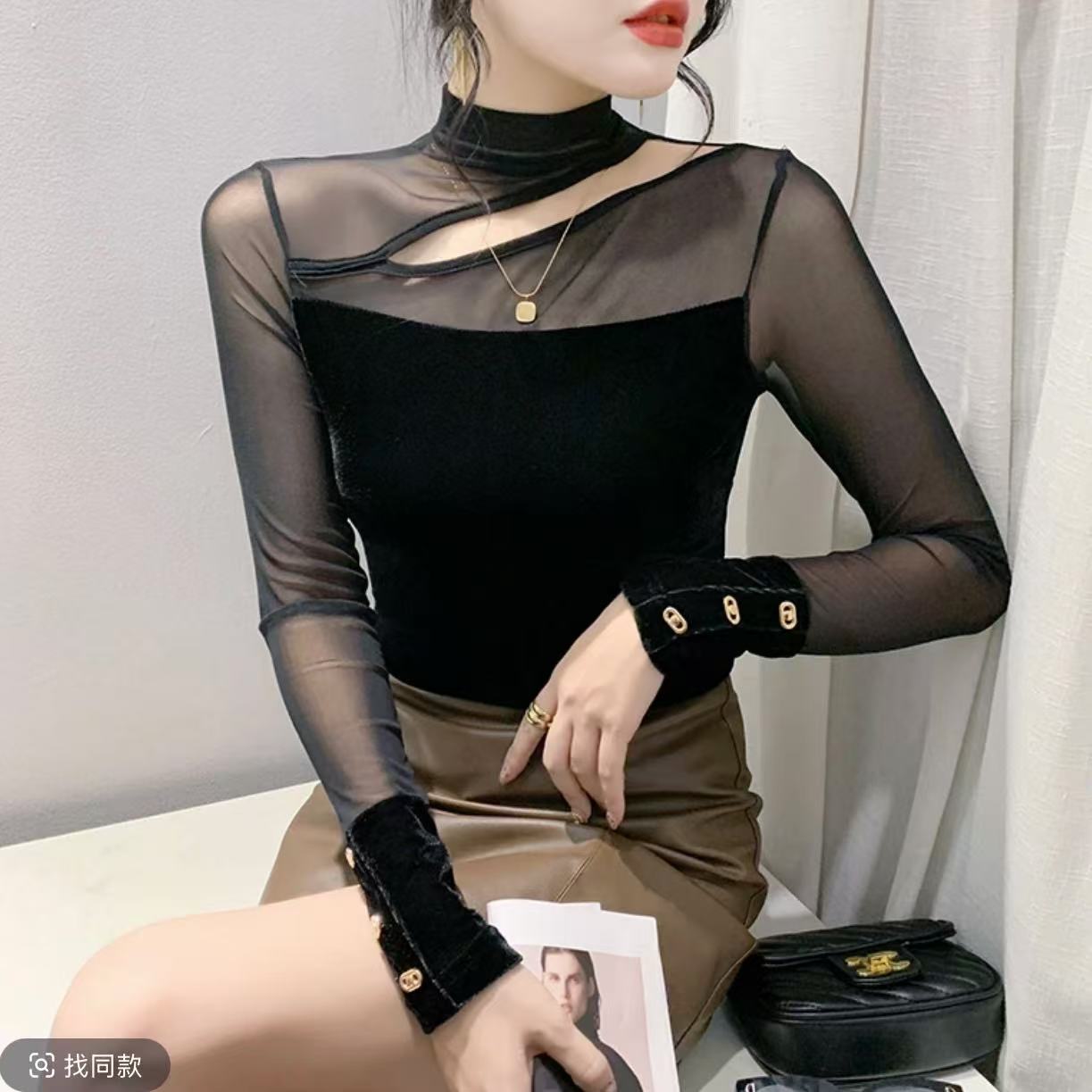 半高领长袖拼接T恤黑色百搭修身秋季设计感打底衫时尚显瘦