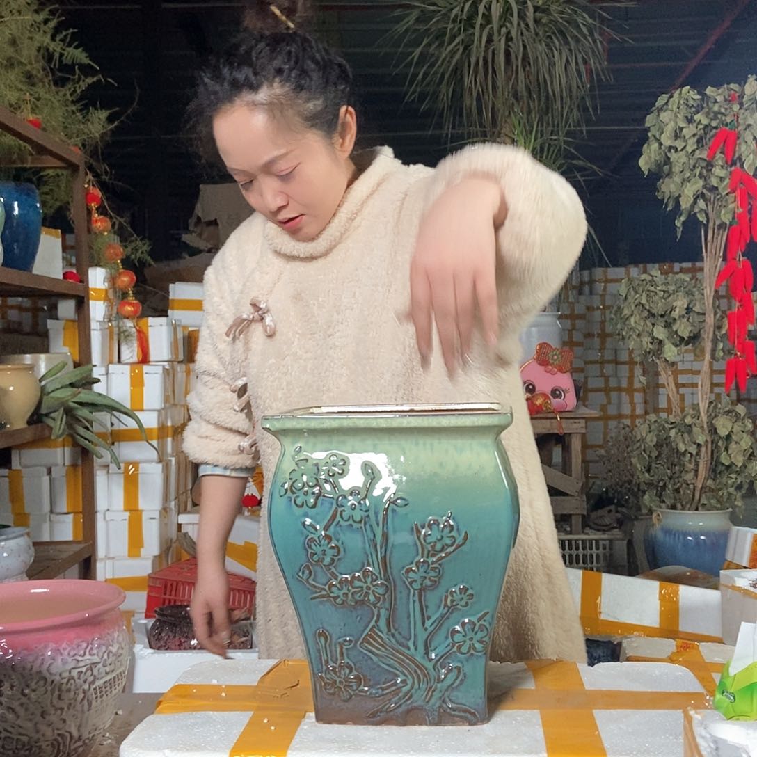 红陶花盆里栽松了