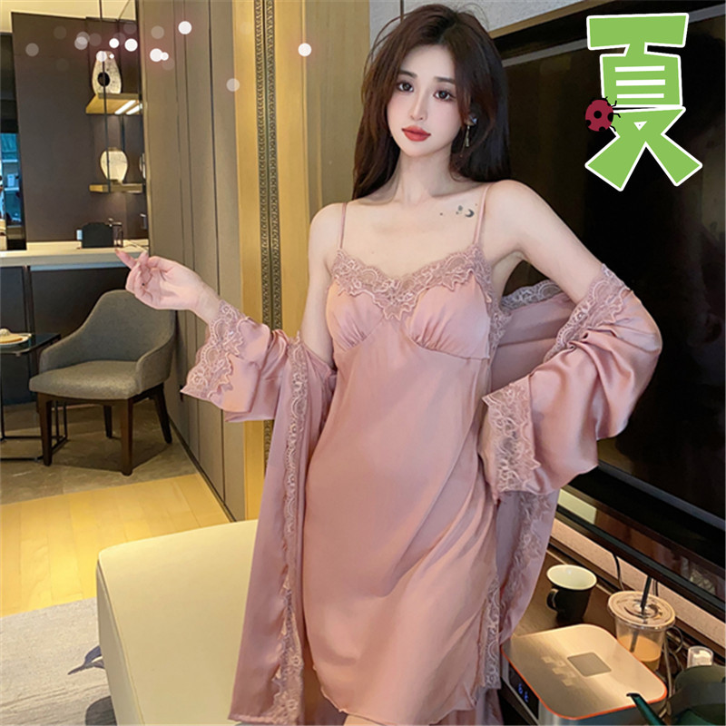 新款睡衣女冰丝睡裙带胸垫薄纯欲风高级感睡袍吊带蕾丝薄款长袖