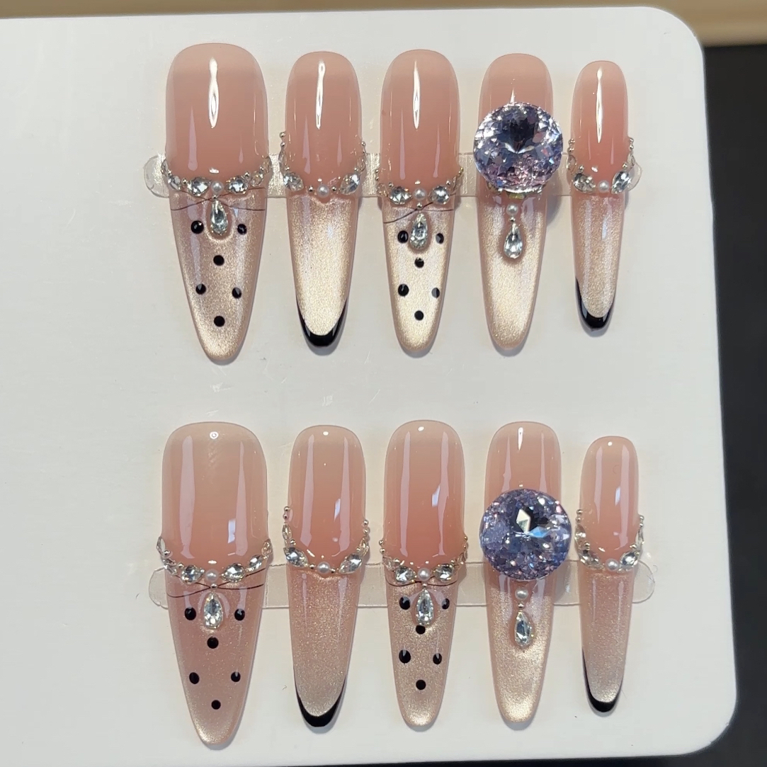 033爆闪波点黑色香槟猫眼法式纯手工显白气质穿戴甲