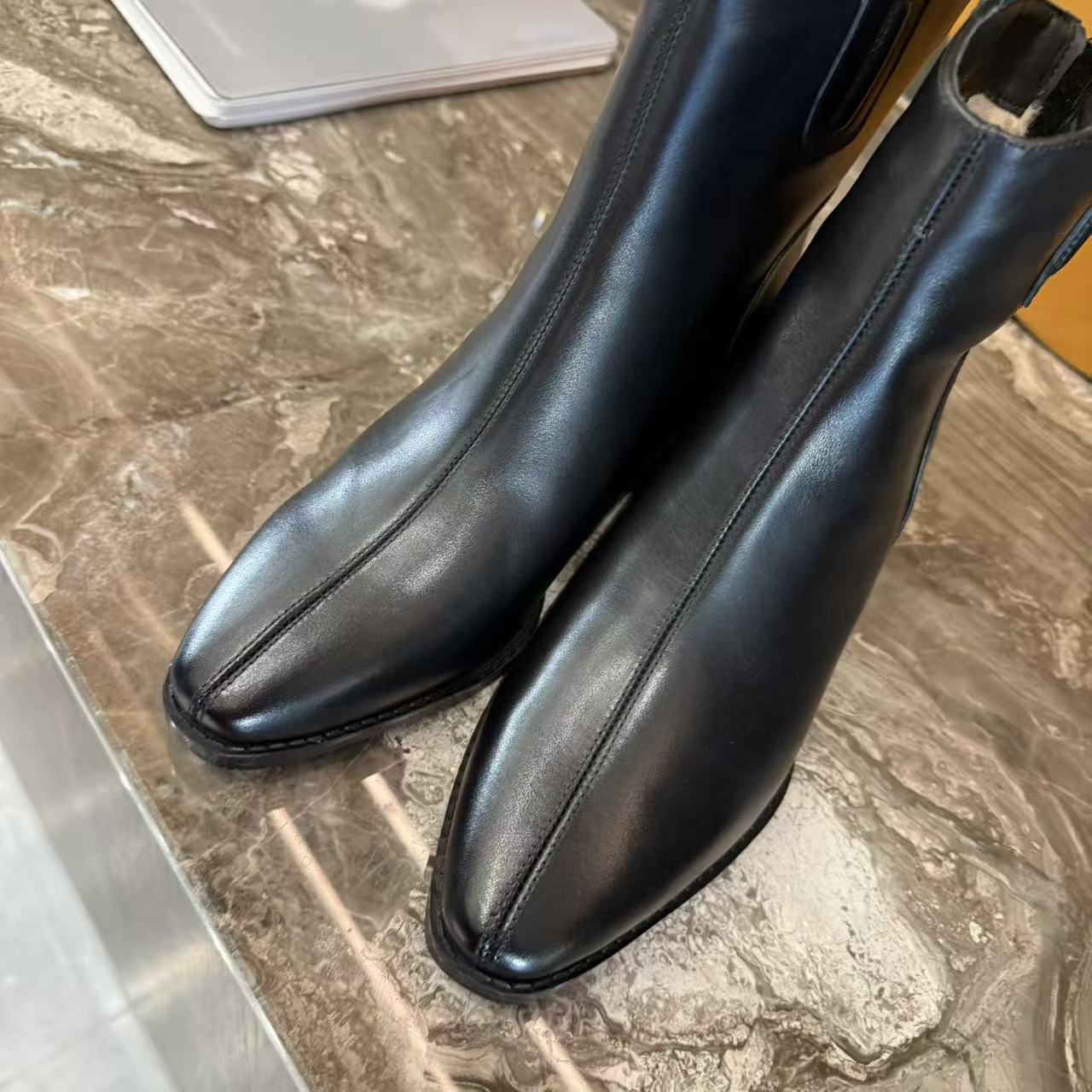 【法式复古】加厚粗跟尖头切尔西时尚羊毛短靴3736