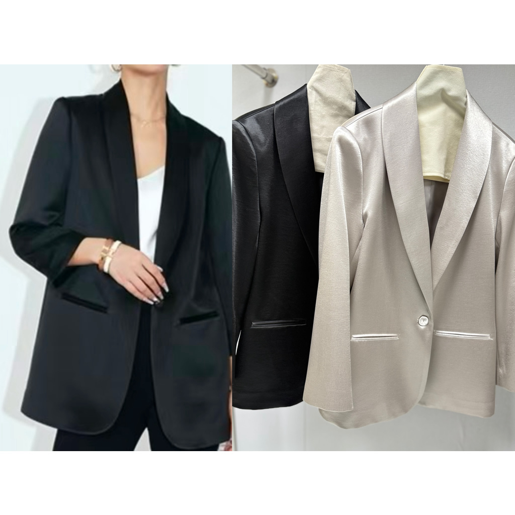 新款鎏光缎面翻领西装外套轻奢高级感醋酸气质通勤西服女春秋时尚