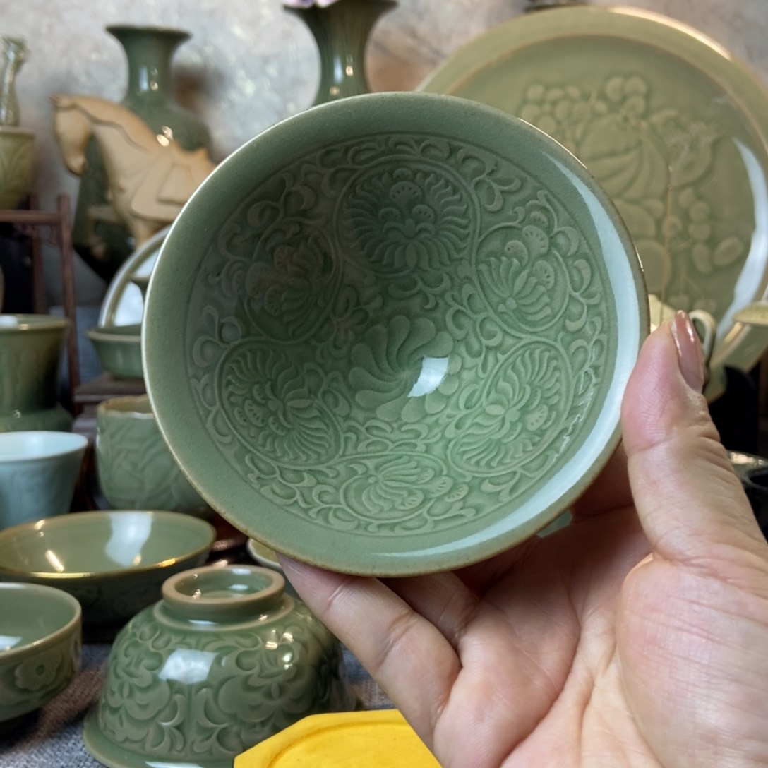 耀州窑团菊斗笠2只