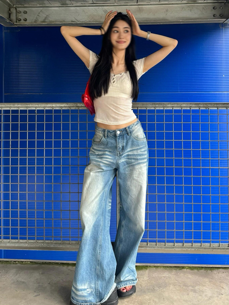 大码胖mm美式牛仔裤女夏季薄款蓝色新款直筒高腰显瘦拖地阔腿裤子